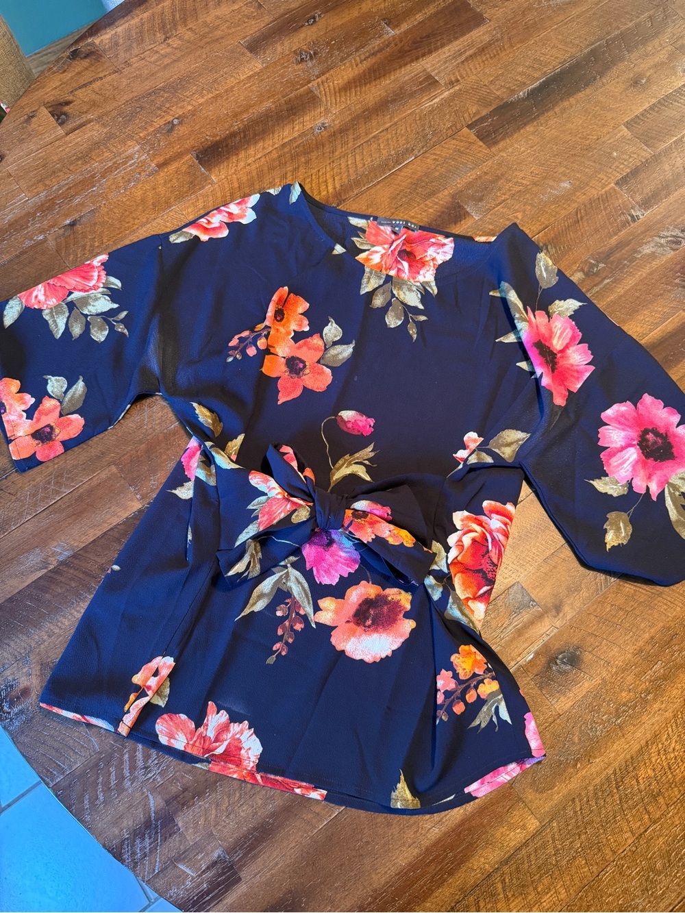 West Kei Navy Floral Tie-Front Blouse with Pink & Coral Blooms